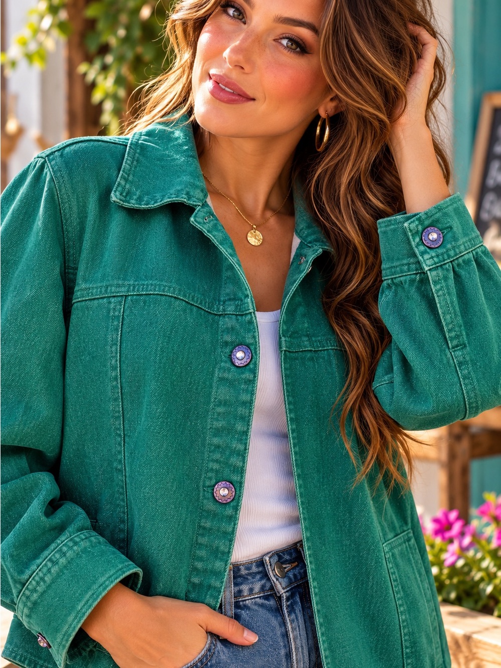 d&co Denim + Company Teal Green Cotton Stretch Jean Jacket L